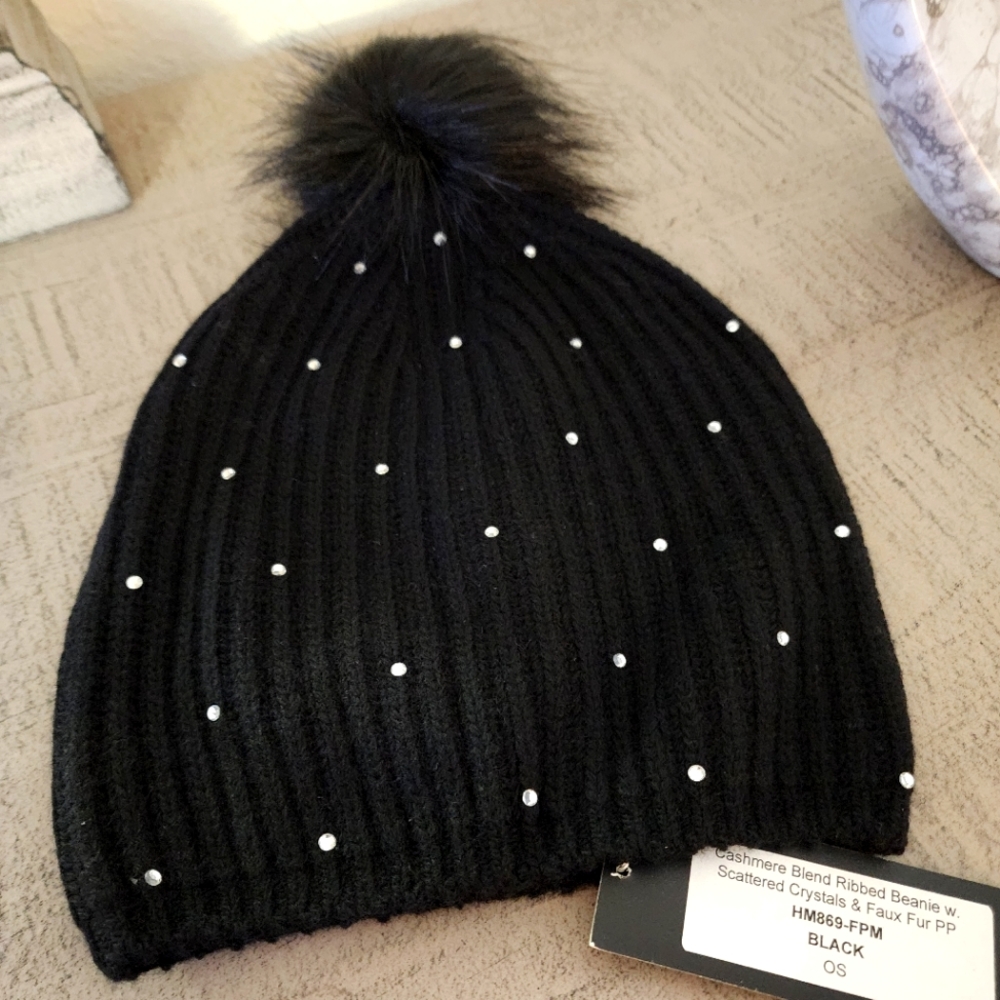 Black Carolyn Rowan Beanie w/Crystals and Faux Fur Pom Pom